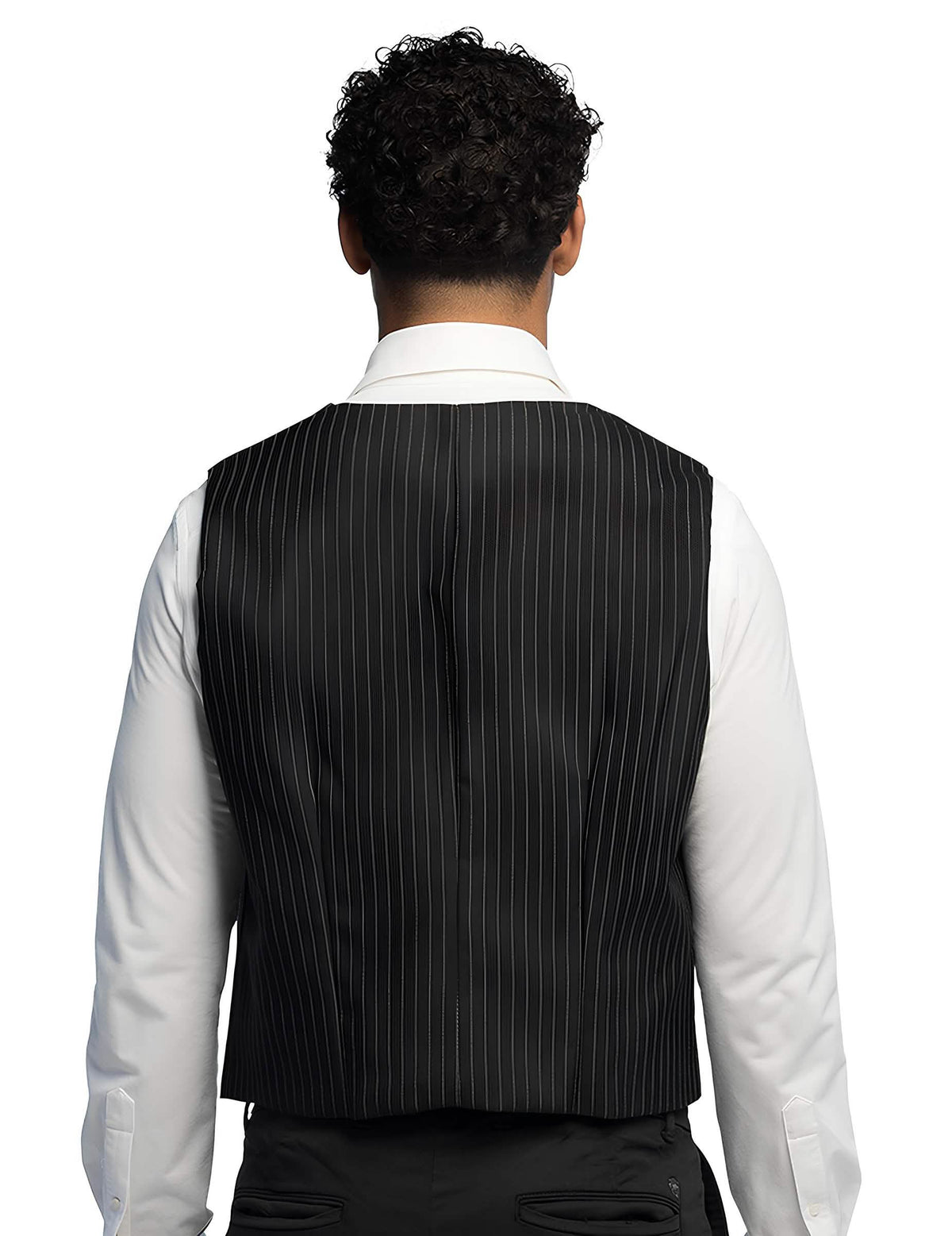 Vue de dos du gilet rayé pour homme noir à fines rayures blanches