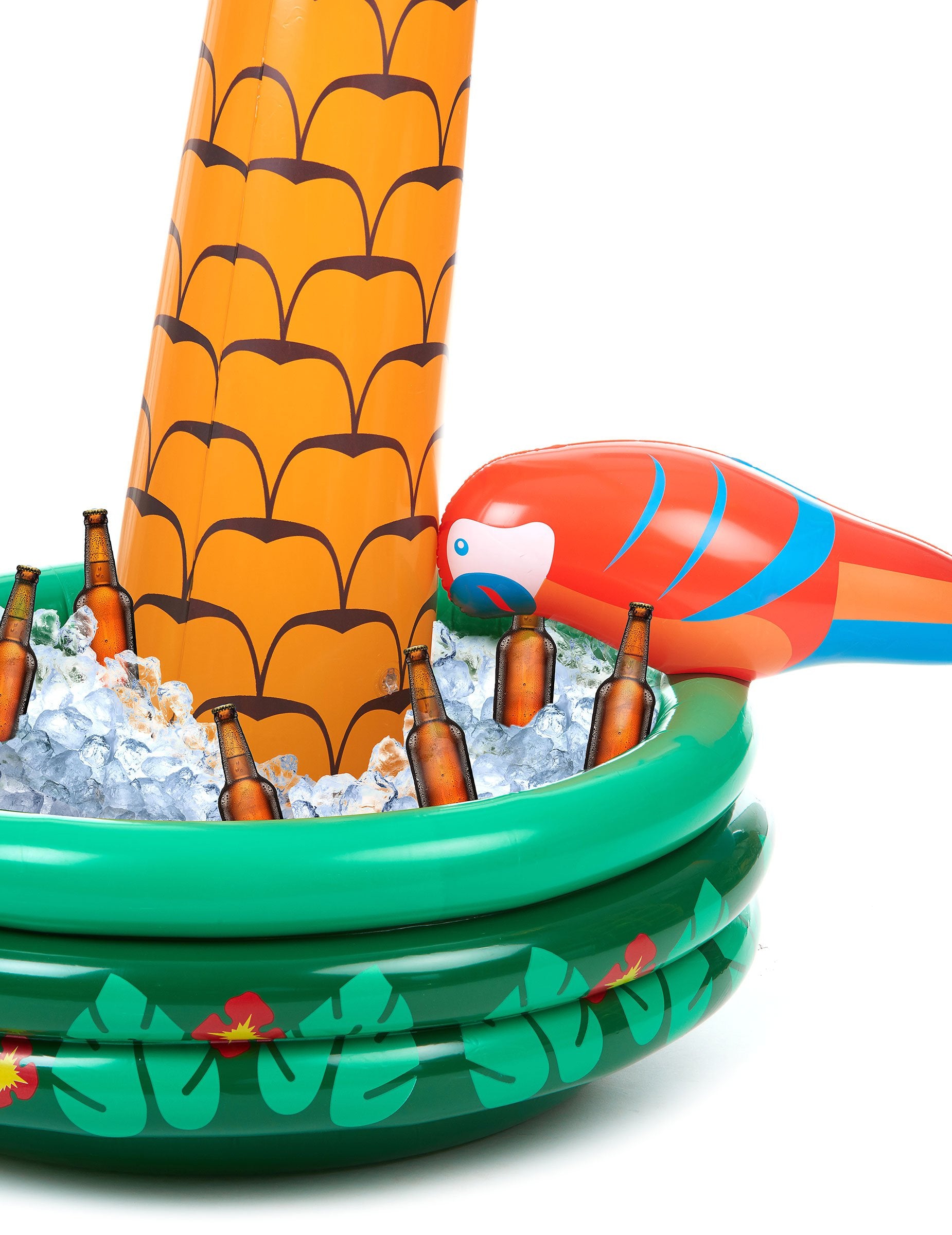 Détail de la base remplie de glaçons de la glacière gonflable palmier