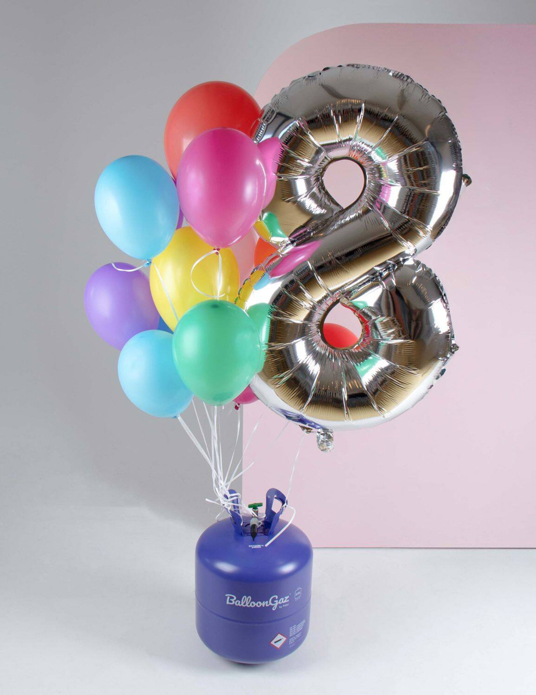 Ballon chiffre 8 argenté et ballons colorés de la bouteille d'hélium pour ballons jusqu'à 85 ballons