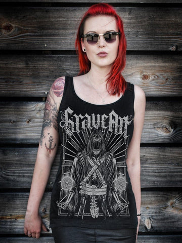 Débardeur long GraveArt Scythe pour femme noir avec motif faucheuse gothique