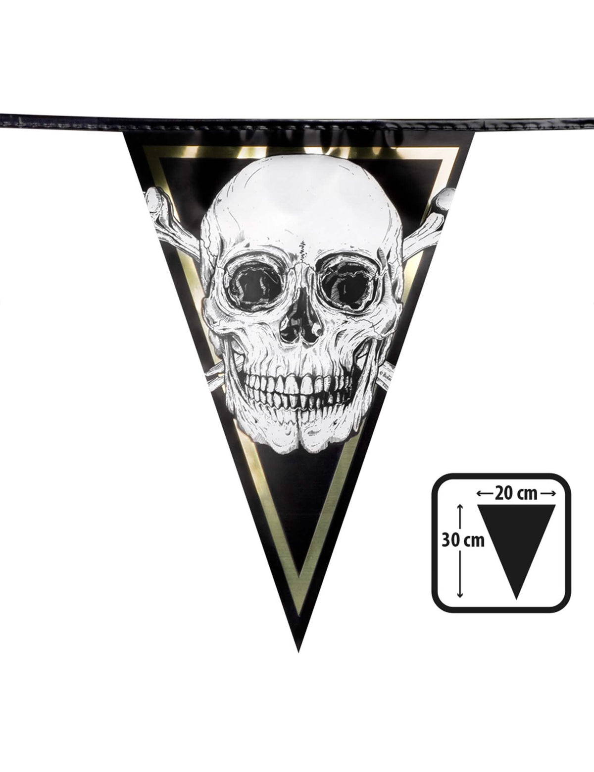 Velik bližnji posnetek prapora iz plastične girlande praporcev Pirate Jolly Roger