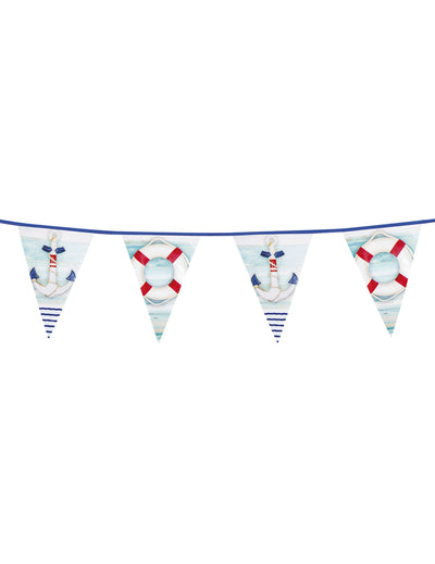 Guirlande de 15 fanions marin bleu et blanc avec motifs d'ancres et de bouées