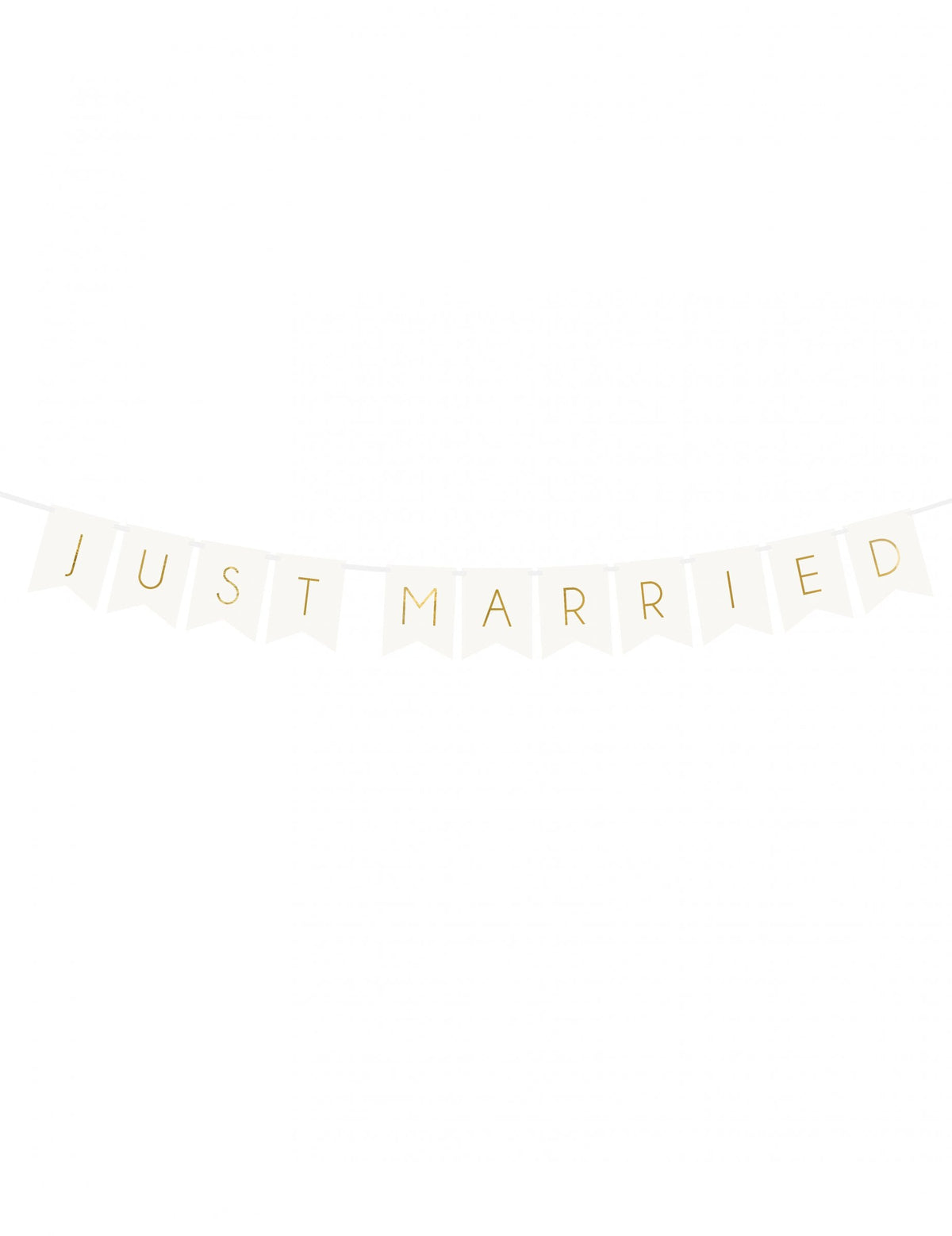 Guirlande à fanions Just Married pour mariage blanc et or en carton