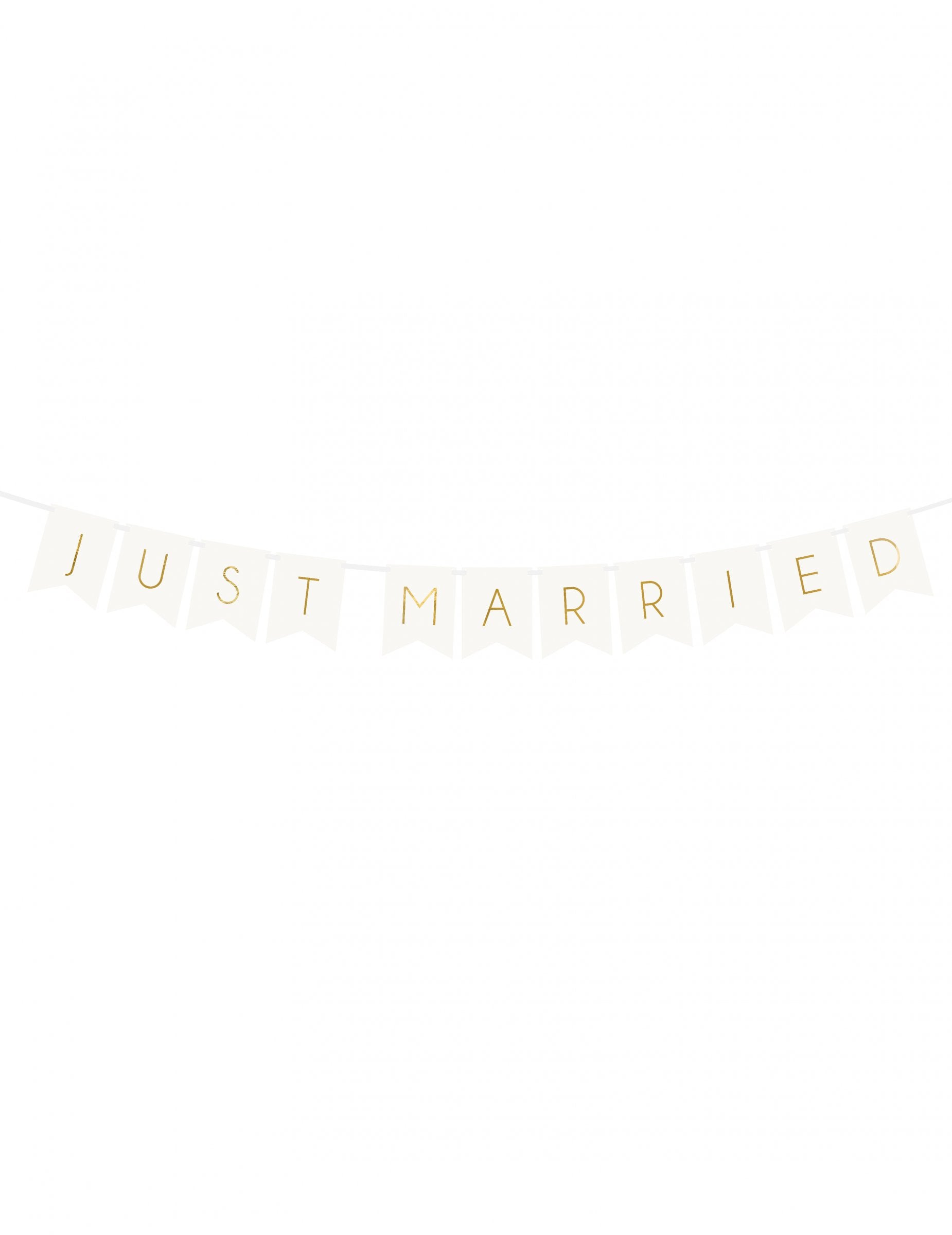 Guirlande à fanions Just Married pour mariage blanc et or en carton