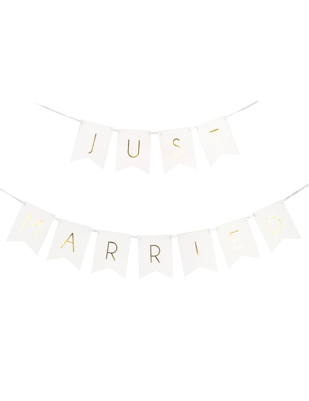 Vue de face de la guirlande à fanions Just Married pour mariage blanc et or en carton