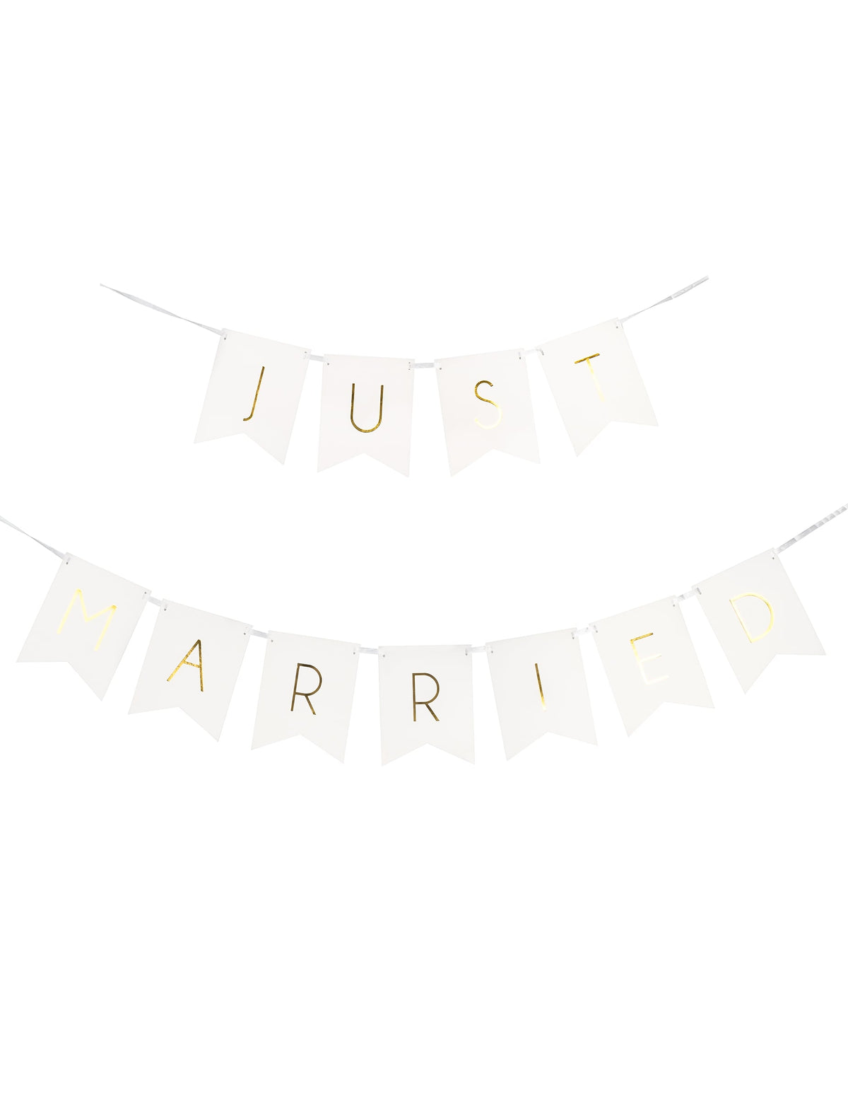 Vue de face de la guirlande à fanions Just Married pour mariage blanc et or en carton