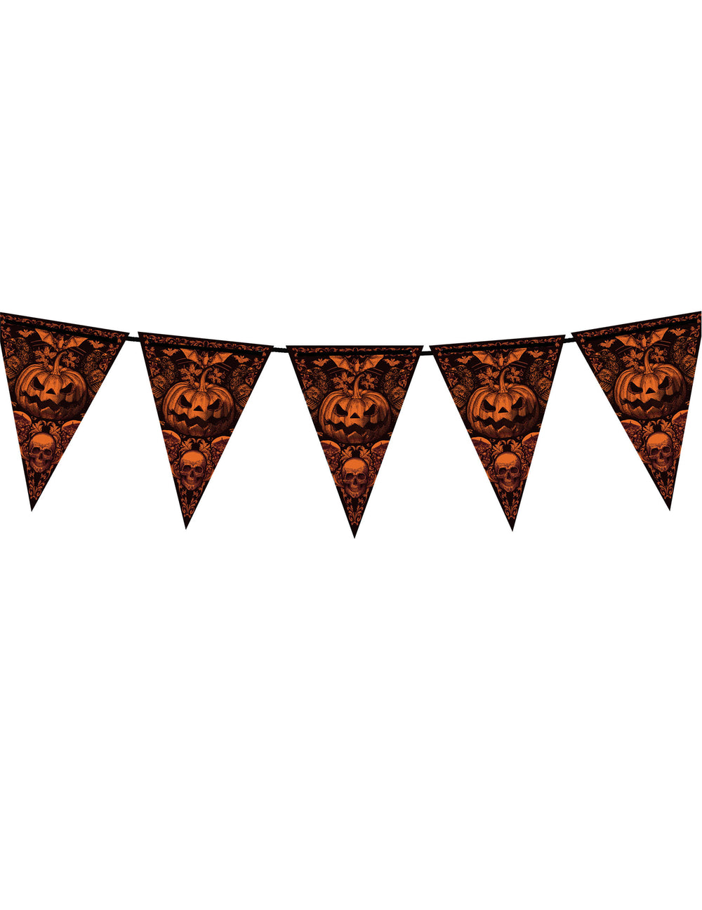 Guirlande à fanions citrouille gothique orange et noire avec têtes de mort et chauves-souris