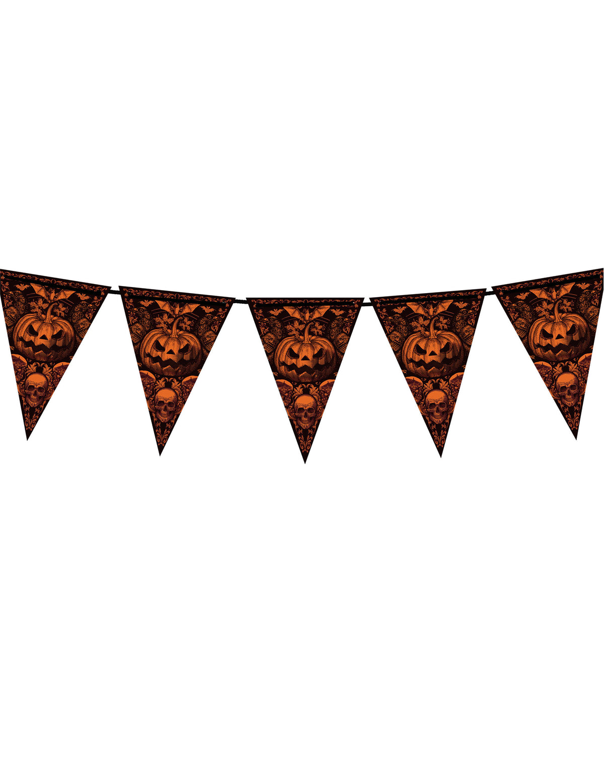 Guirlande à fanions citrouille gothique orange et noire avec têtes de mort et chauves-souris