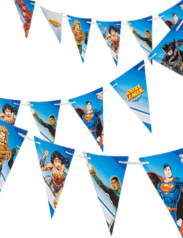 Guirlande à fanions Justice League pour anniversaire bleue avec super-héros