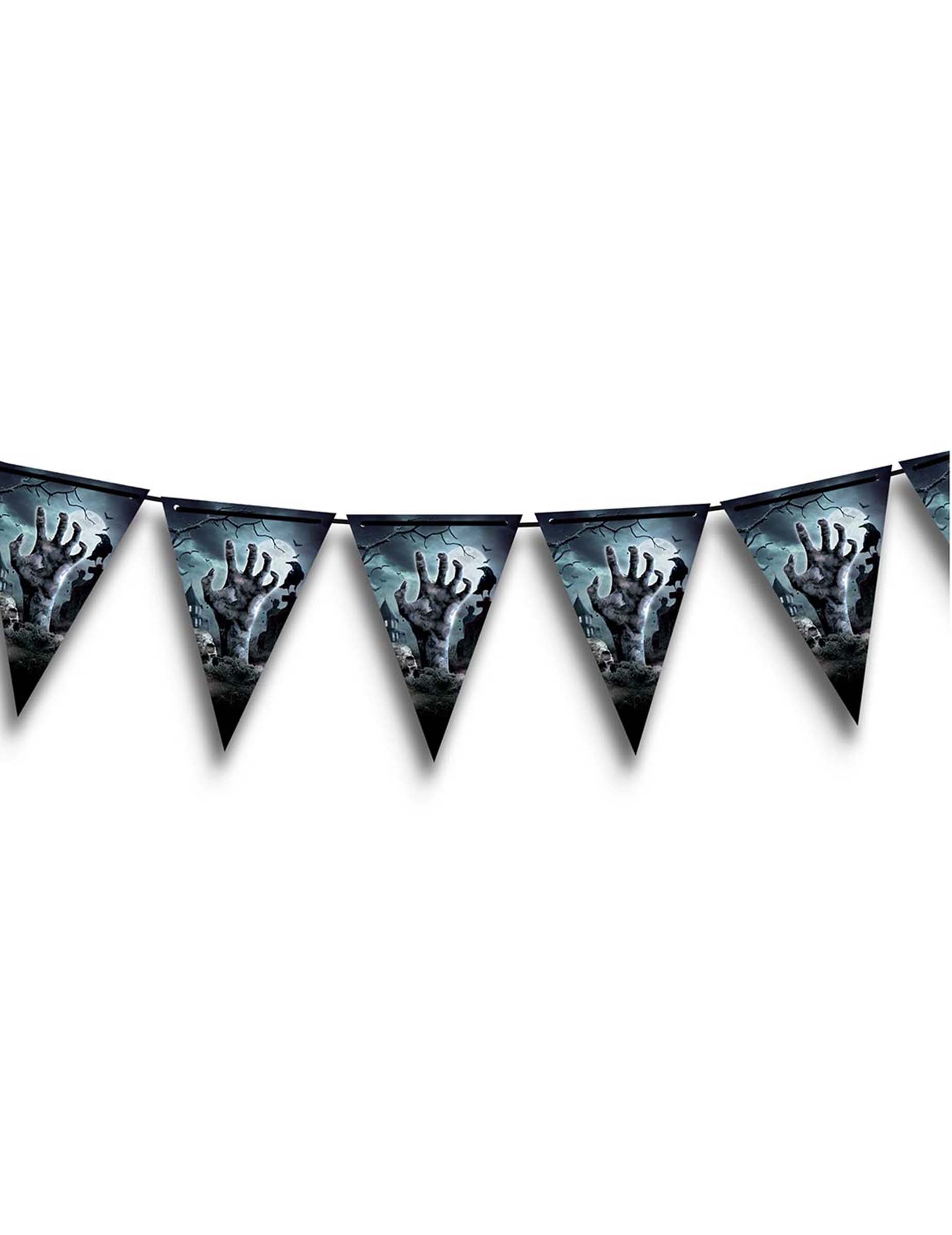 Guirlande à fanions revenants du cimetière pour Halloween bleue et noire avec main de zombie