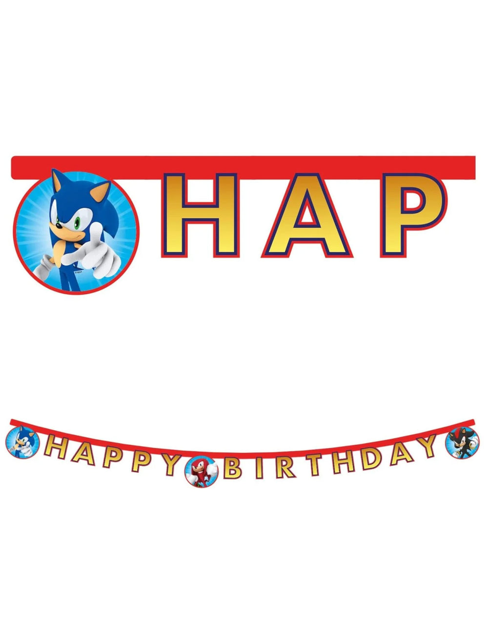 Guirlande articulée Happy Birthday Sonic pour enfant bleue et rouge avec lettres dorées
