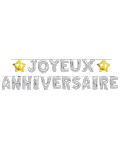 Guirlande ballons Joyeux Anniversaire argentée avec étoiles dorées