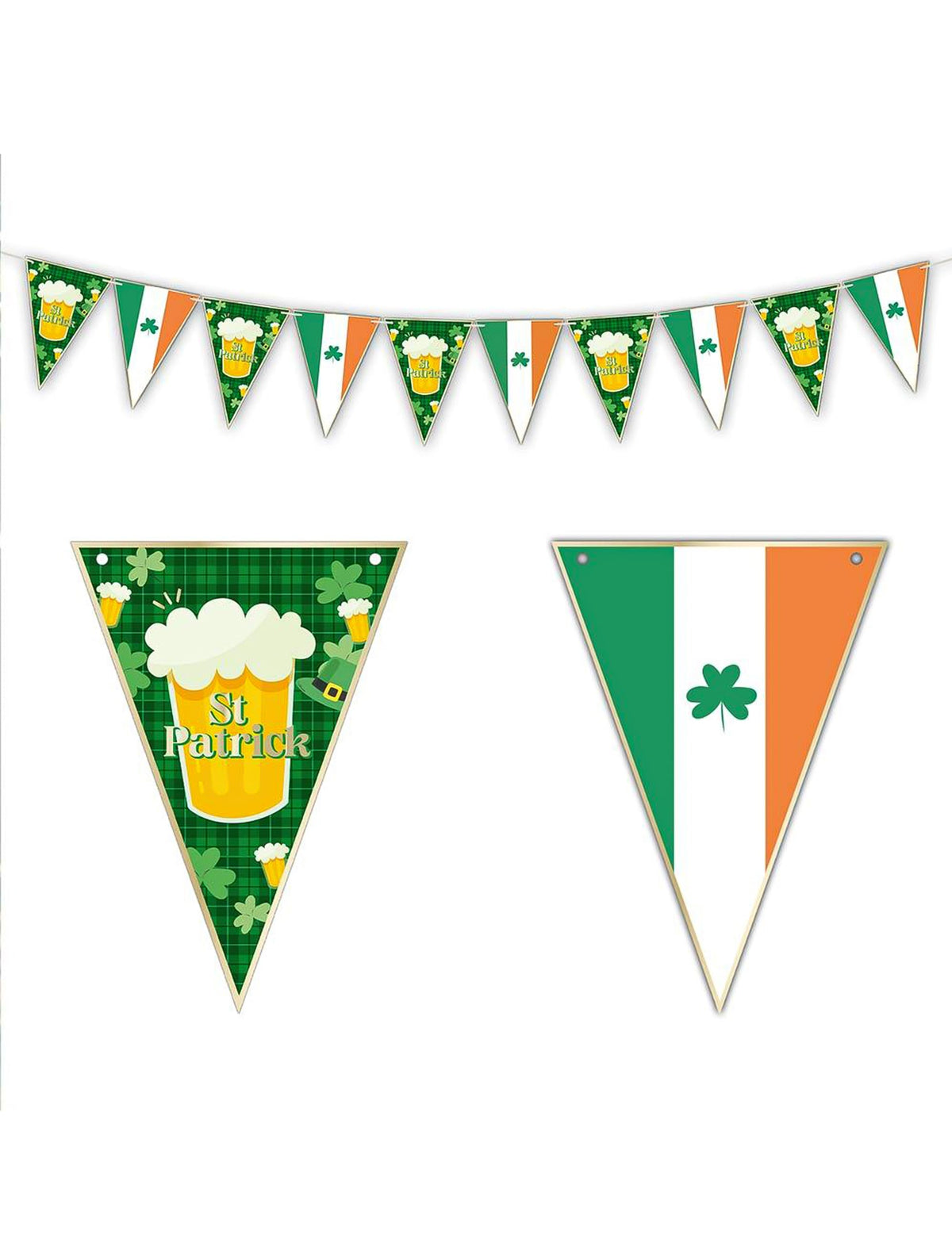 Guirlande de fanions Bière St Patrick pour fête vert et orange avec motifs de chopes