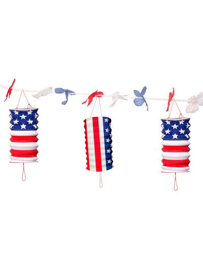 Guirlande de lampions USA pour fête bleu blanc rouge avec étoiles et rayures