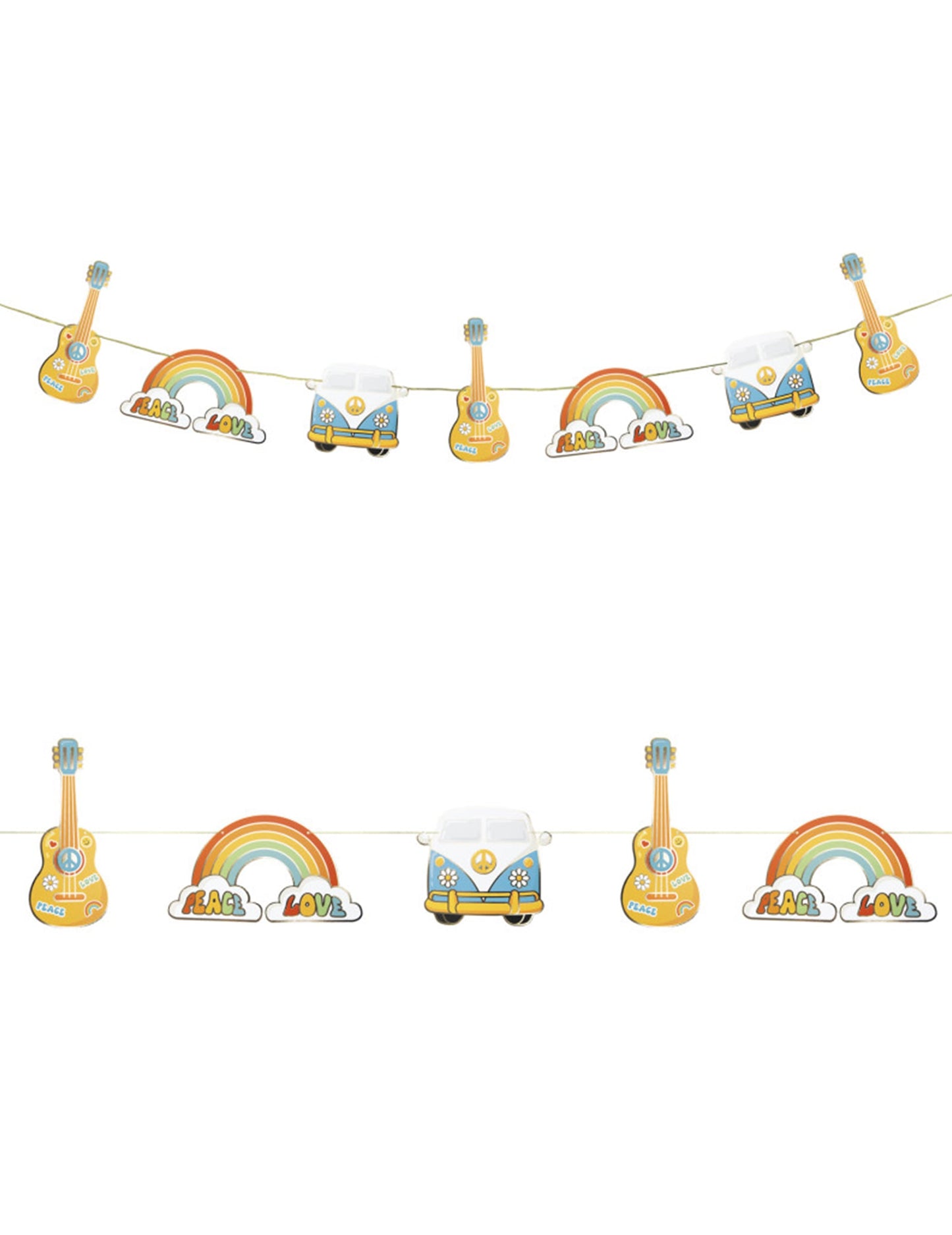 Guirlande en carton Hippie Party multicolore avec guitares arcs-en-ciel et vans