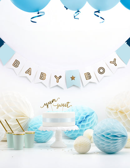 Modra in kovinska kartonska girlanda za dojenčka 15 x 160 cm z zastavicami