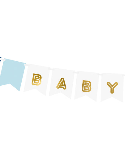 Modra in kovinska kartonska girlanda za dojenčka 15 x 160 cm z zastavicami