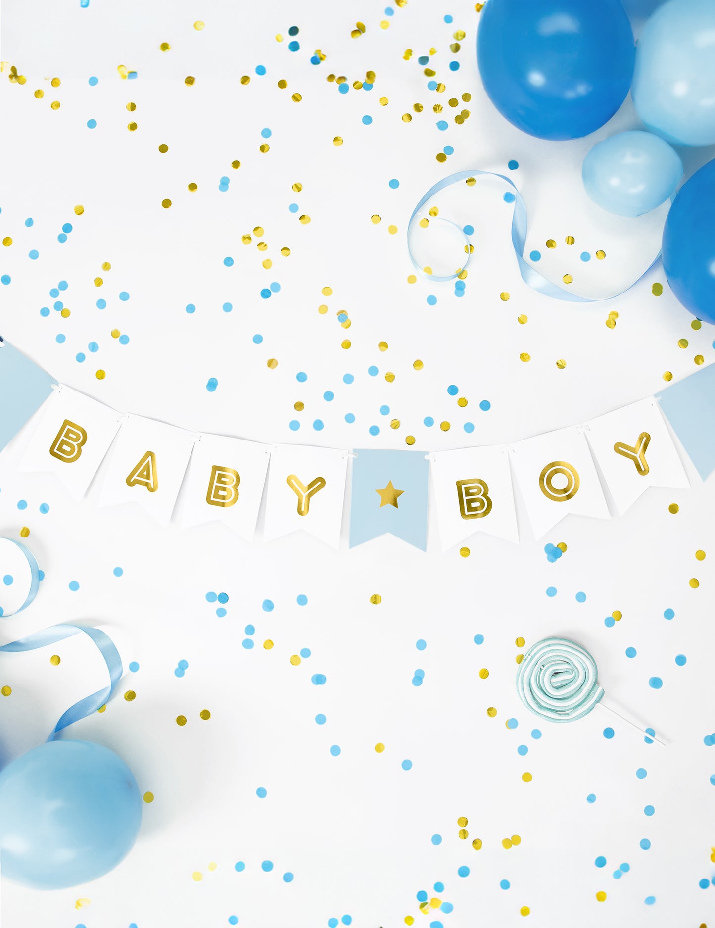 Modra in kovinska kartonska girlanda za dojenčka 15 x 160 cm z zastavicami