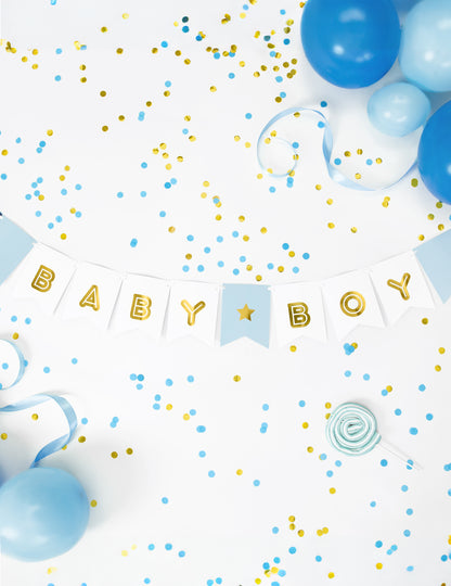 Modra in kovinska kartonska girlanda za dojenčka 15 x 160 cm z zastavicami