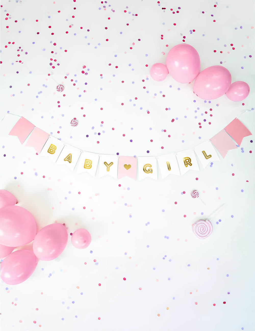 Prikaz z baloni in konfeti iz kartonskega girlanda baby girl za baby shower