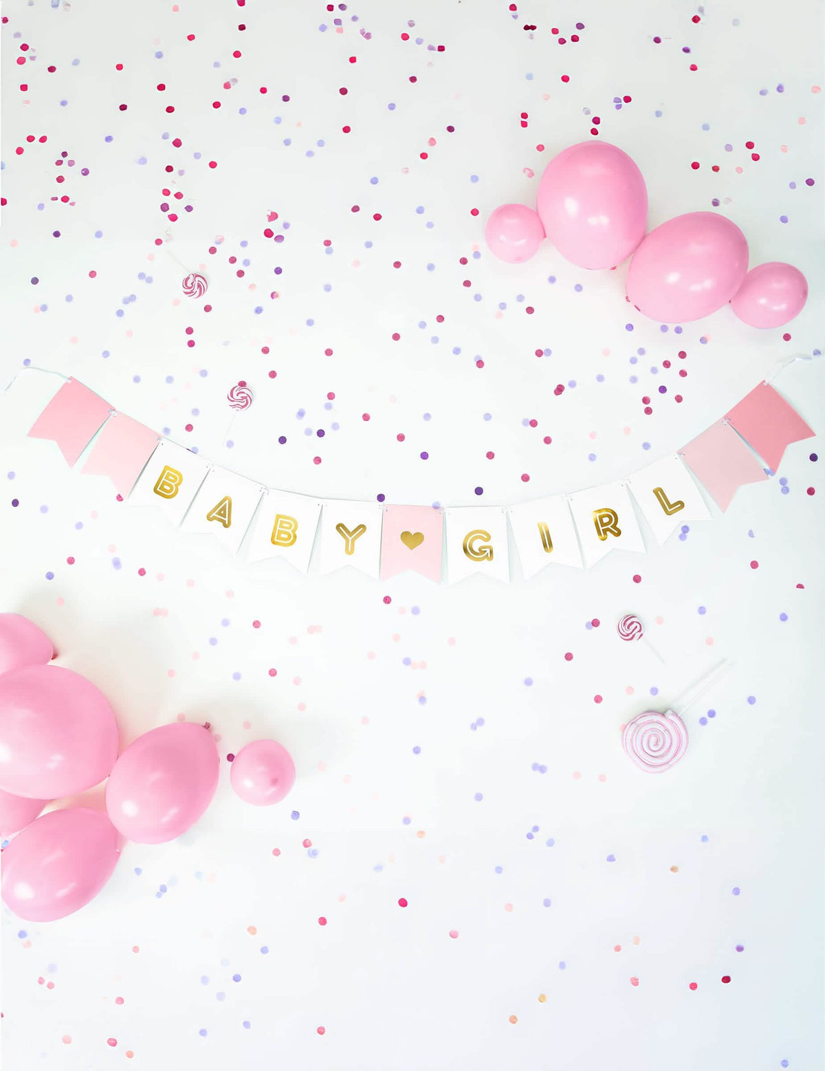 Prikaz z baloni in konfeti iz kartonskega girlanda baby girl za baby shower