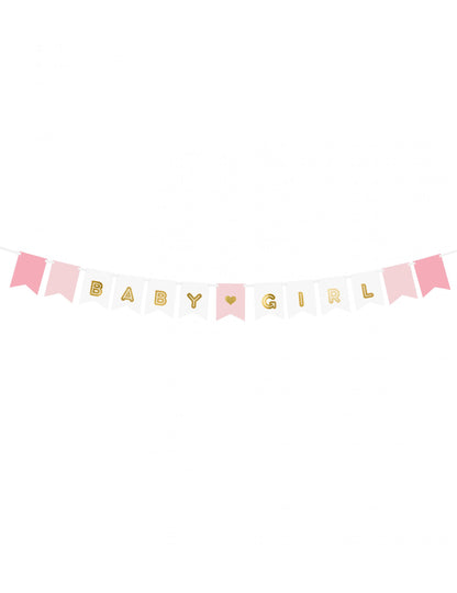 Guirlande en carton baby girl pour baby shower rose et blanc avec lettres dorées métallisées