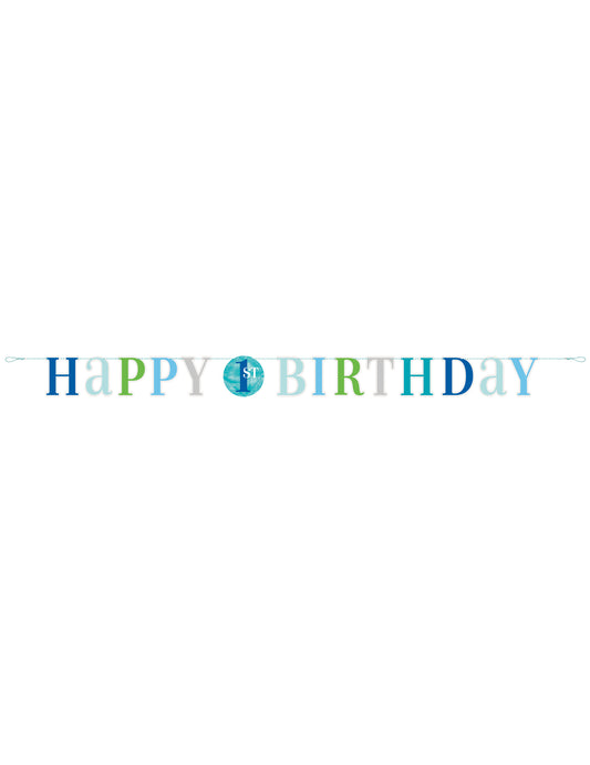 Vue d'ensemble de la guirlande en carton happy 1st birthday pour garçon bleue