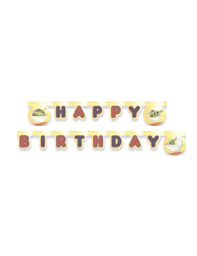 Guirlande en carton Happy Birthday bébé Yoda The Mandalorian jaune et beige