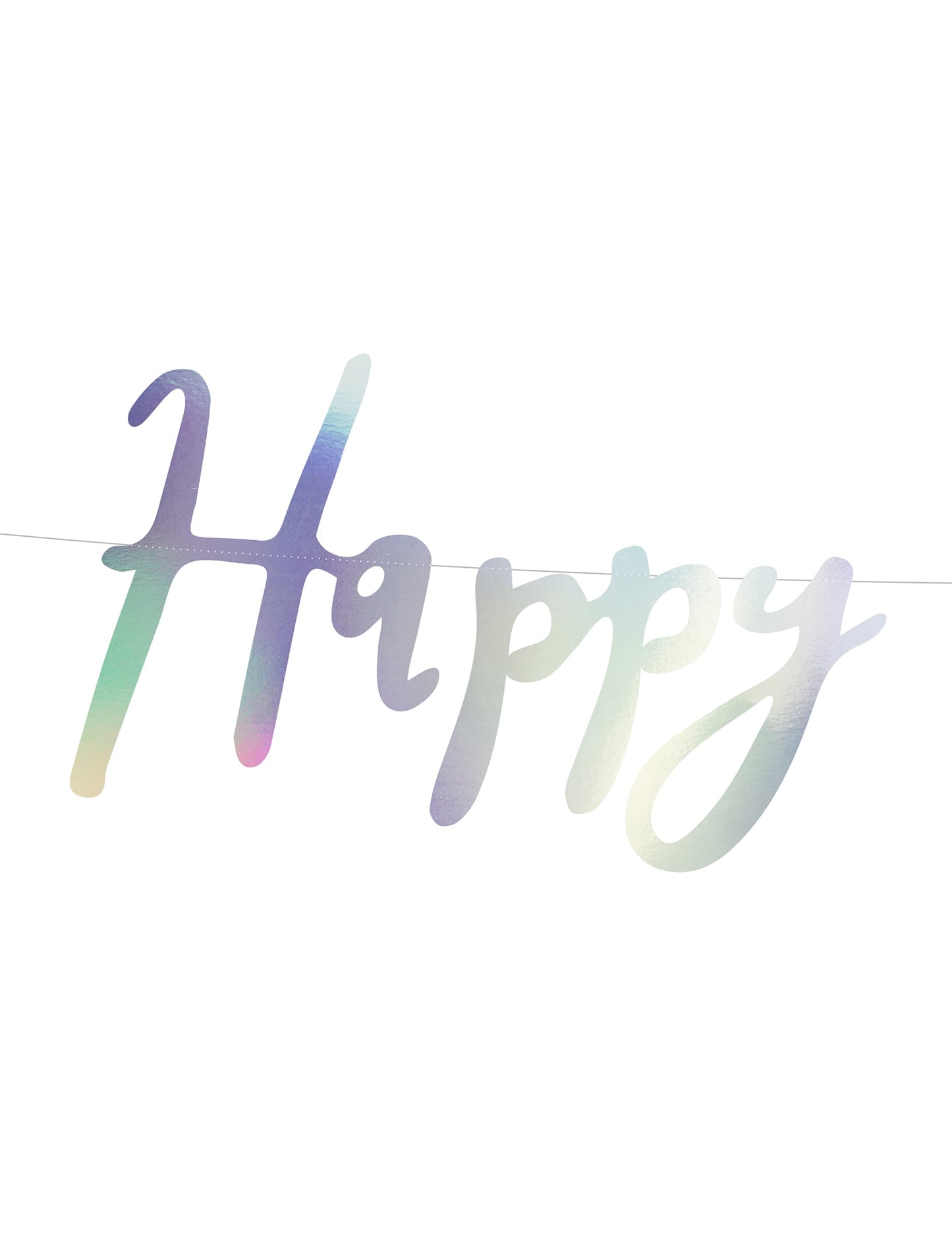 Gros plan sur le mot Happy de la guirlande en carton happy birthday iridescent
