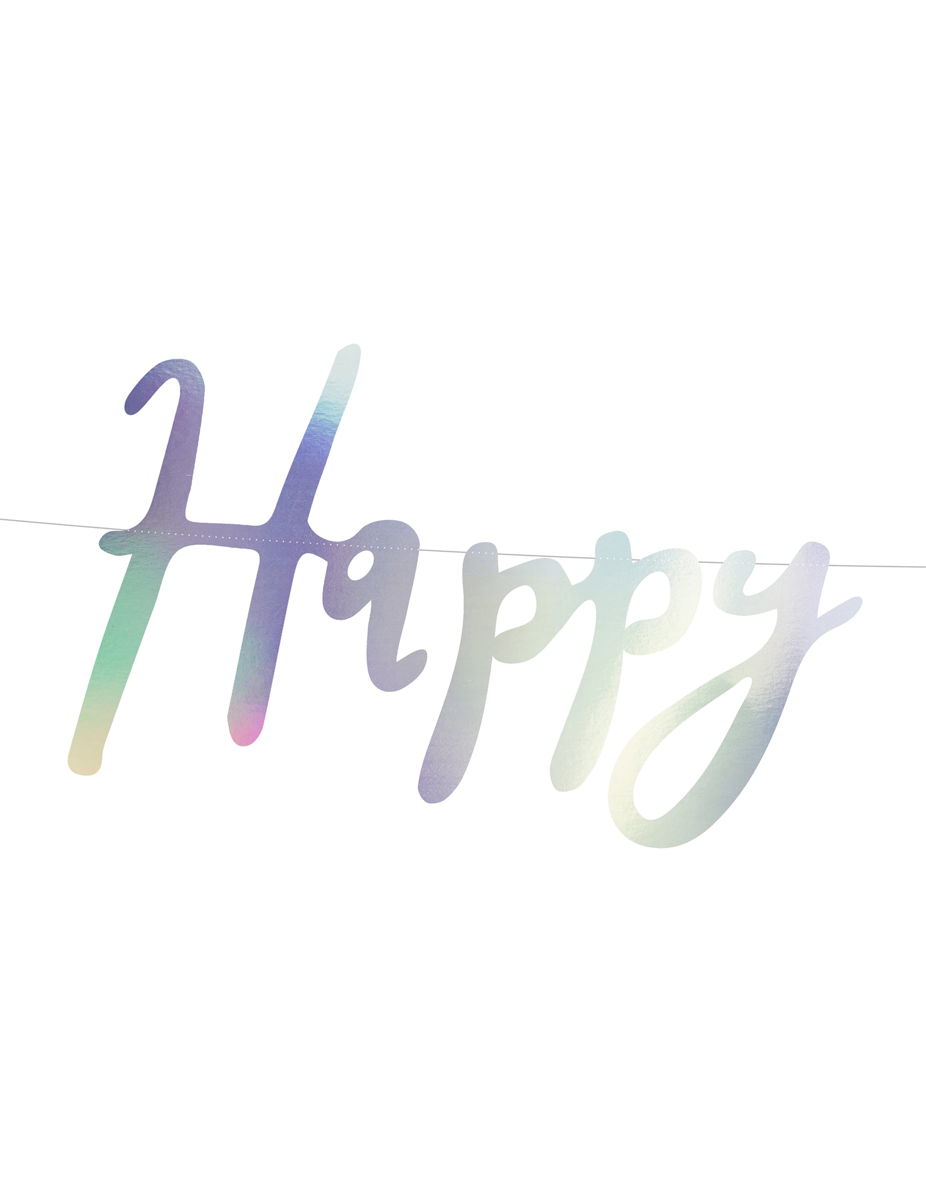 Gros plan sur le mot Happy de la guirlande en carton happy birthday iridescent