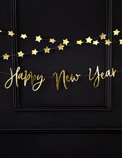 Metalno zlata kartonska girlanda "Srečno novo leto", 66 x 18 cm