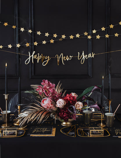 Metalno zlata kartonska girlanda "Srečno novo leto", 66 x 18 cm