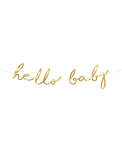 Guirlande en carton hello baby pour baby shower dorée métallisée