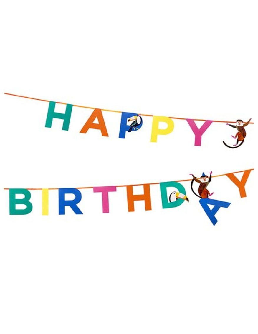 Guirlande en carton Party Animal Happy Birthday Jungle pour enfant multicolore avec singes et toucans