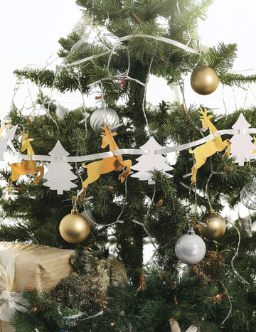 3 m belo-zlato kartonsko božično drevo in girlanda severnih jelenov
