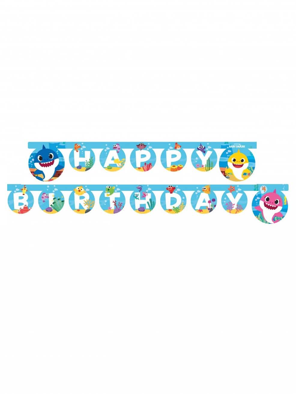 Papirnata girlanda Happy Birthday Baby Shark modra z motivi morskih psov