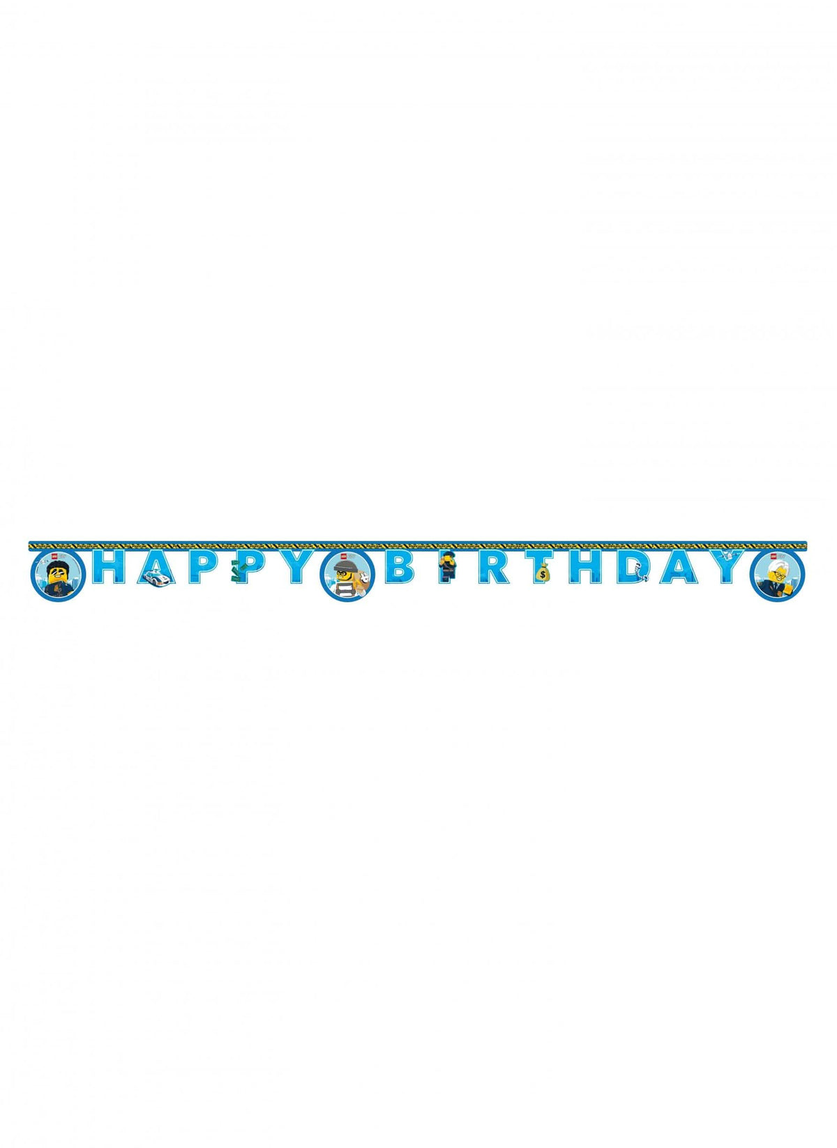 Pogled od spredaj na papirnato girlando Happy Birthday Lego City
