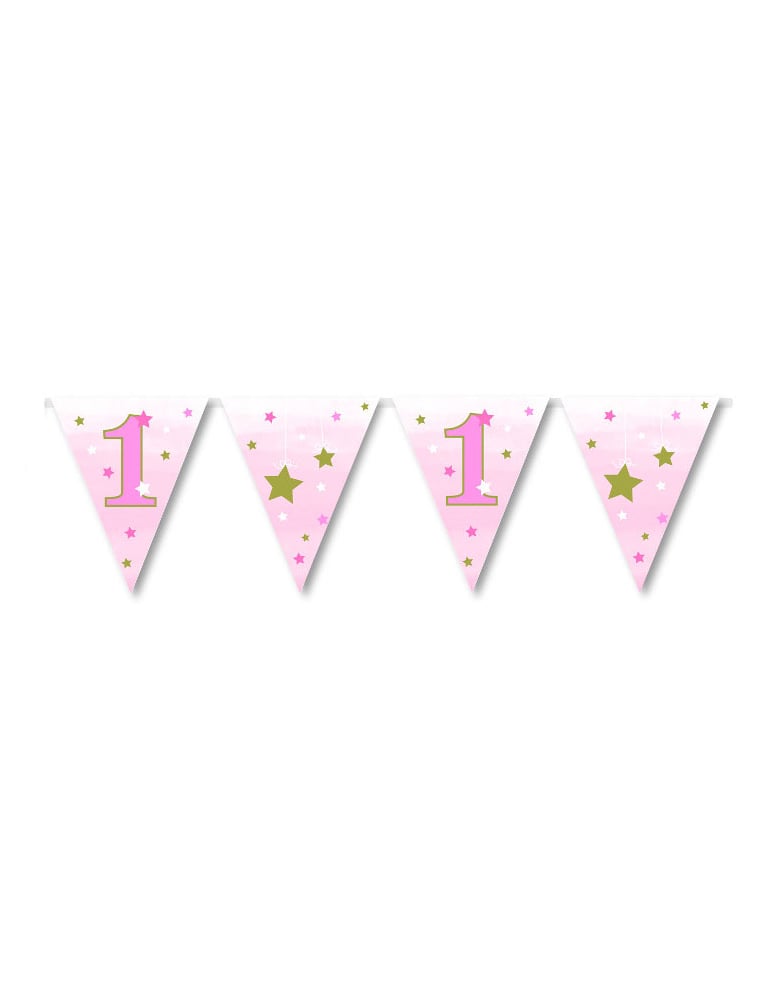 Guirlande à fanions en papier premier anniversaire one little star pour fille rose et or