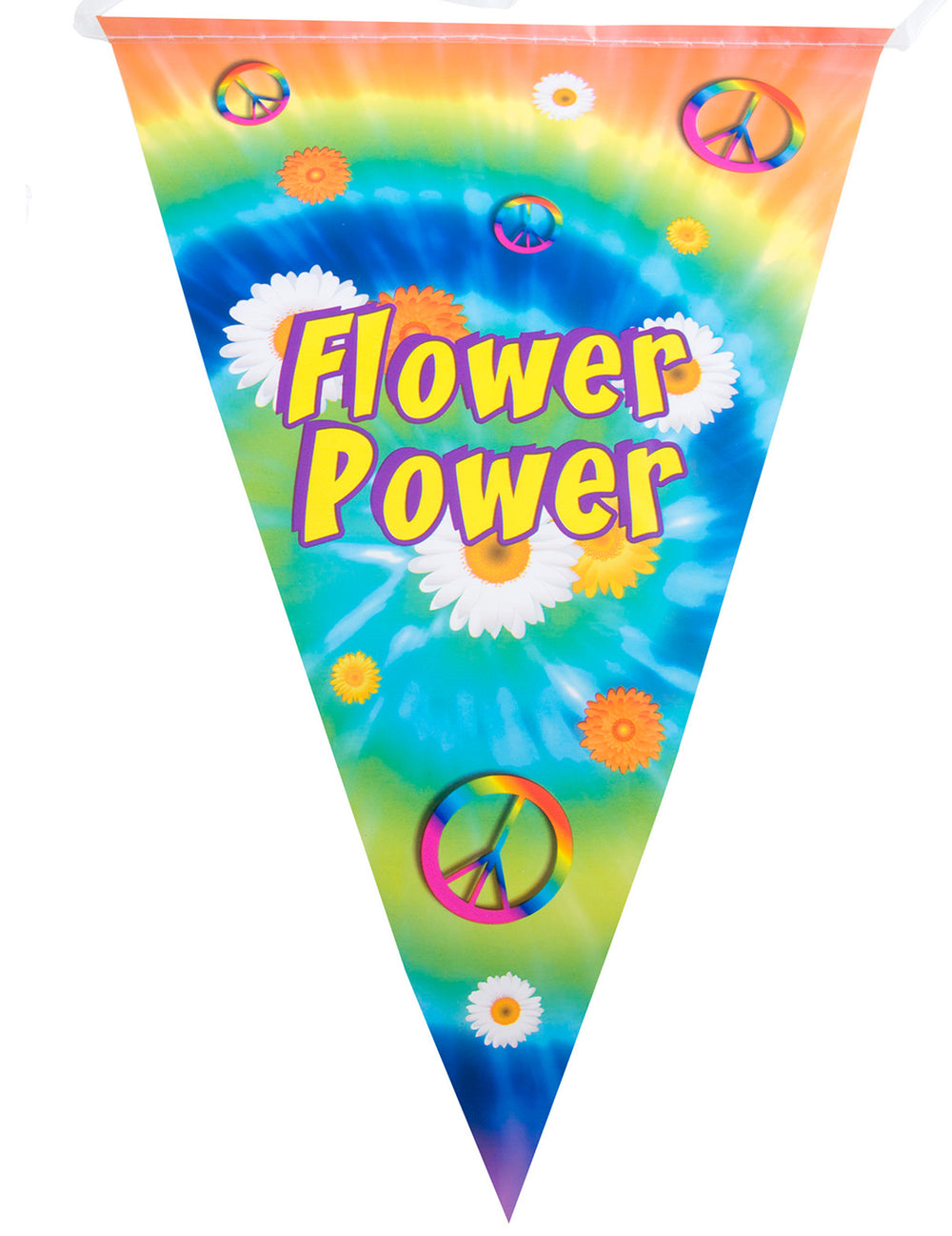 Guirlande fanion hippie pour décoration multicolore avec motifs Flower Power et symboles peace and love