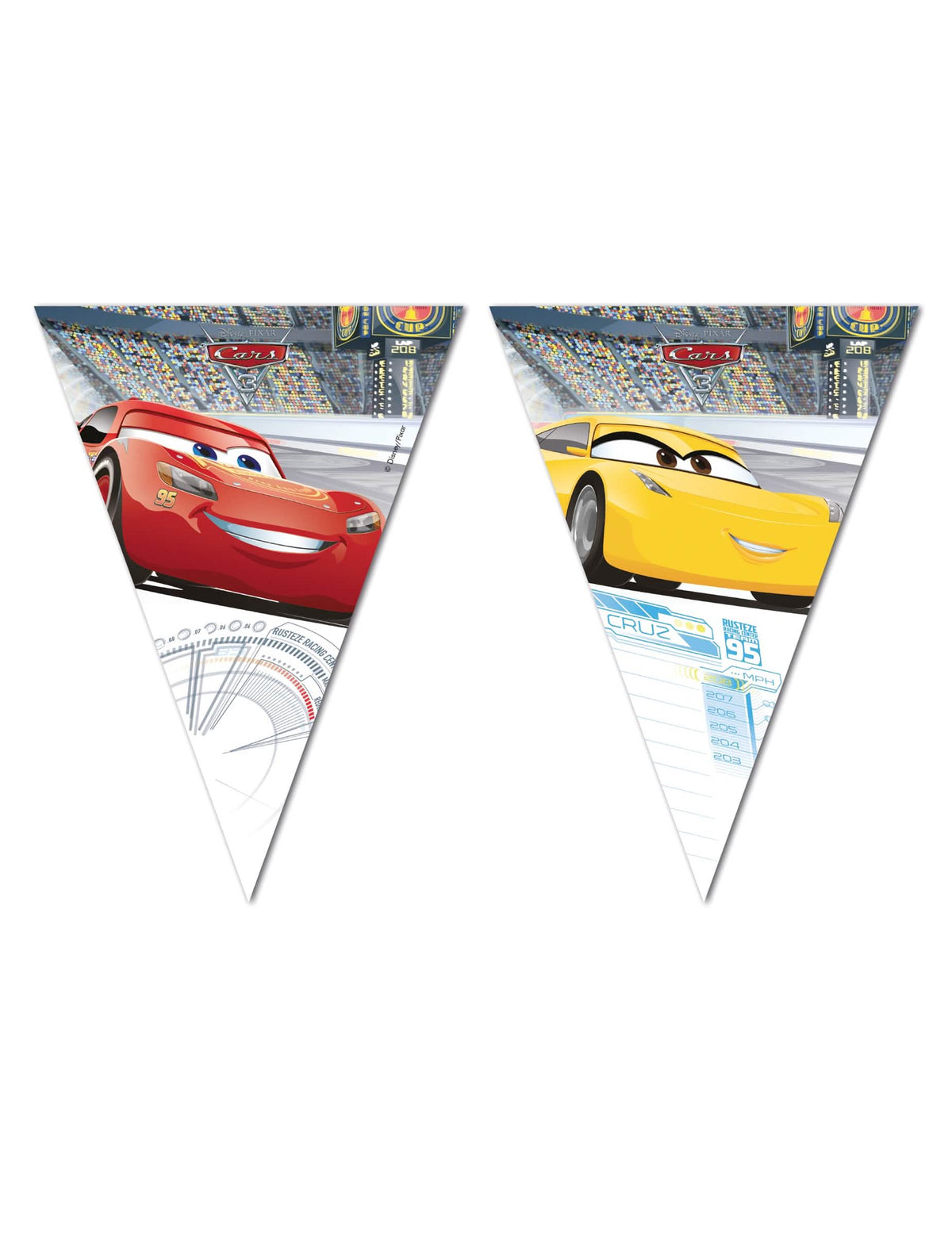Vrvica z zastavicami Cars 3 za otrok, rdeča in rumena z Flash McQueen in Cruz Ramirez