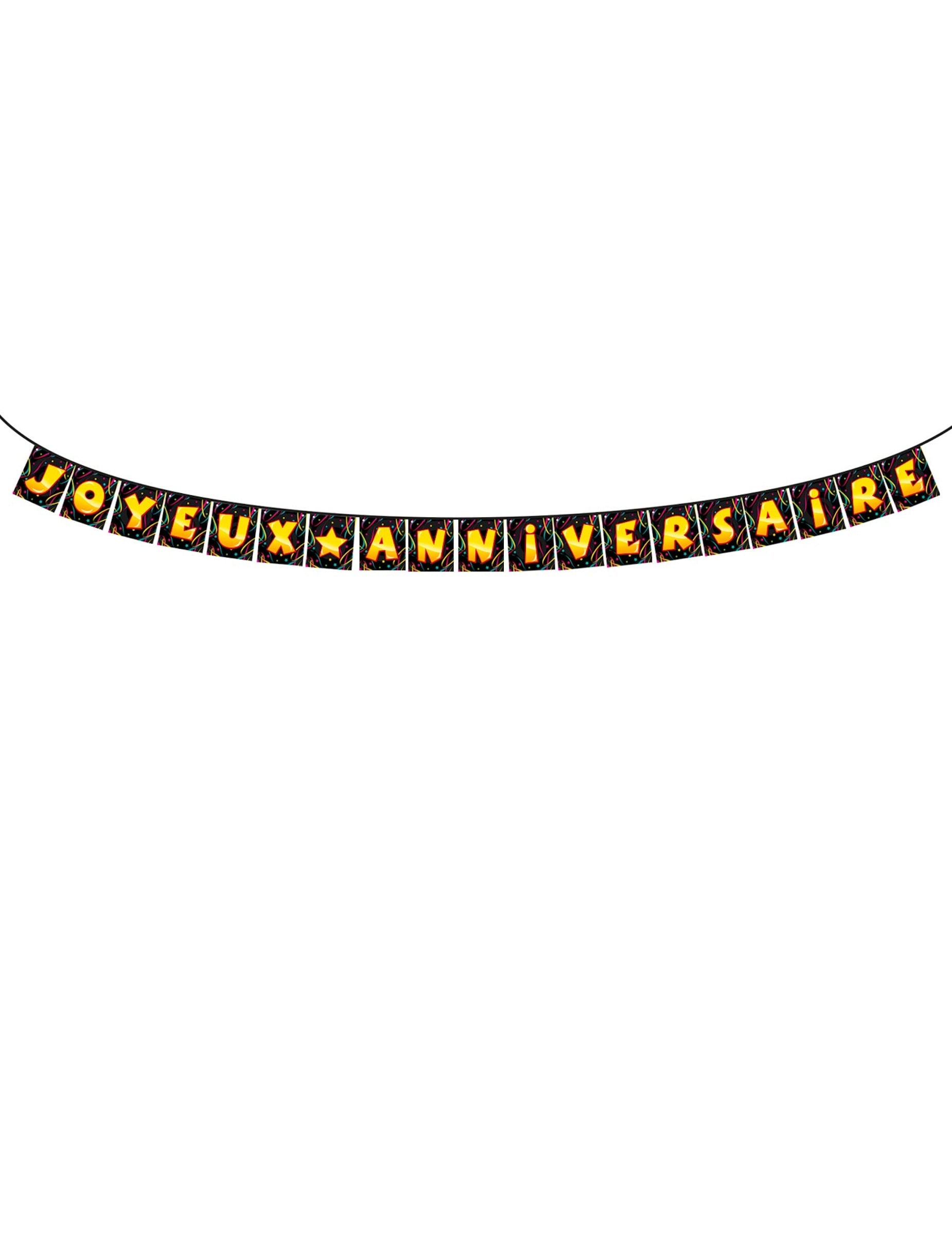 Guirlande fanions Joyeux anniversaire noire avec lettrage jaune et orange