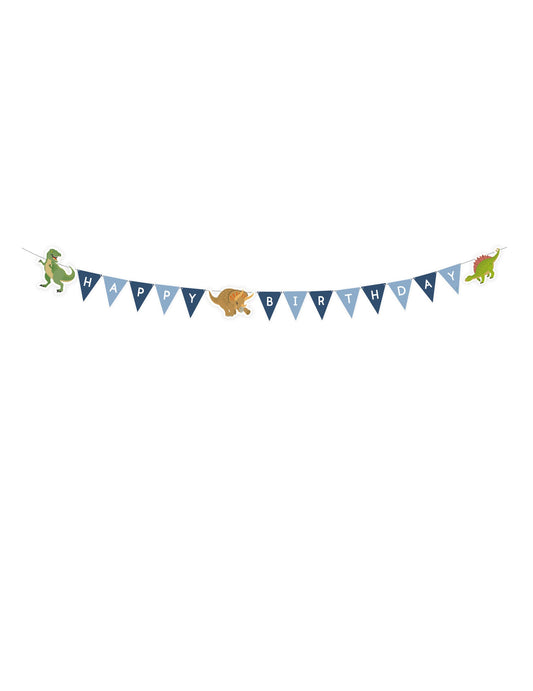 Guirlande à fanions Happy Birthday grands dinosaures pour enfant bleue