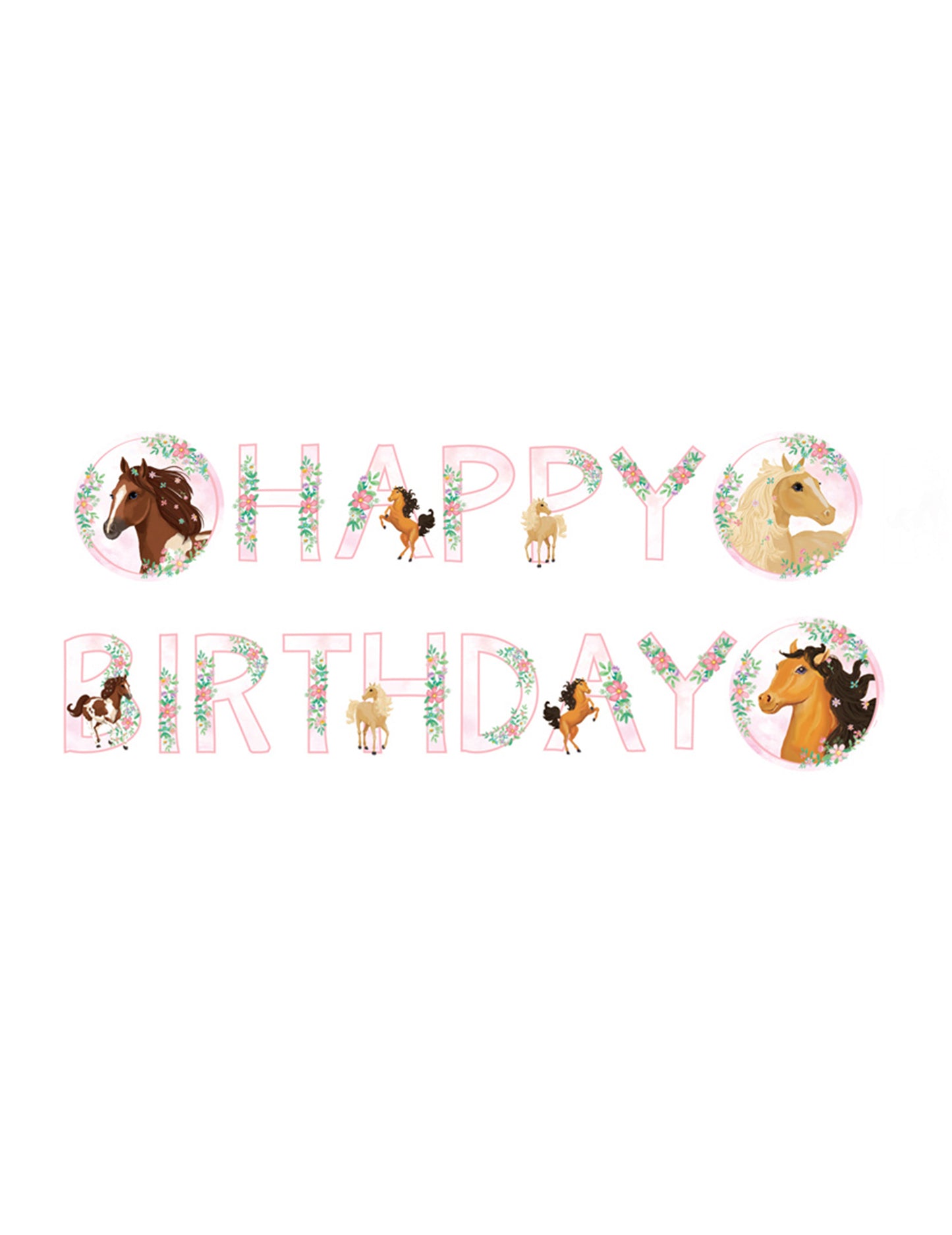 Guirlande happy birthday joli cheval pour enfant rose en carton avec fleurs