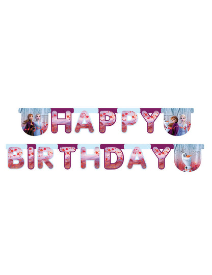 Guirlande happy birthday La Reine des Neiges 2 pour enfant bleue et violette avec Anna Elsa et Olaf