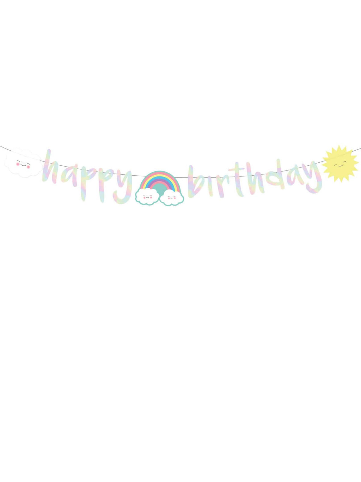 Pregled kartonske iridescentne girlande happy birthday z oblakom