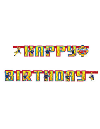 Guirlande Happy Birthday Sam le Pompier pour enfant jaune et rouge avec illustrations