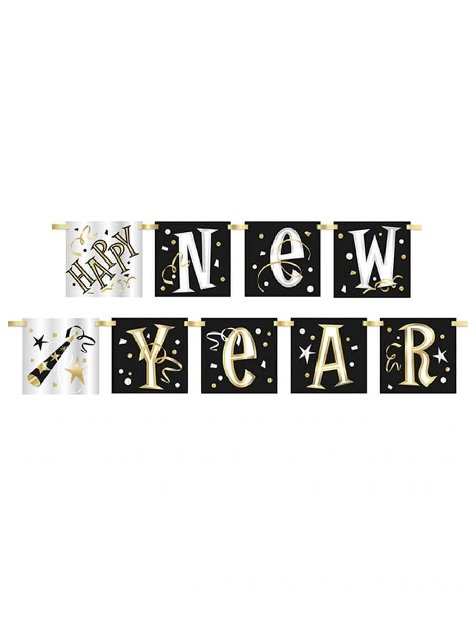 Kartonska girlanda Happy New Year za zabavo črna, bela in zlata