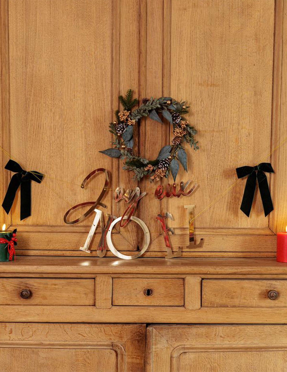Guirlande Joyeux Noël or avec 2 nœuds vert anglais 1,80 m
