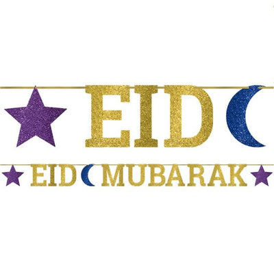 Guirlande de lettres en carton Aïd Mubarak pour décoration dorée à paillettes avec lunes et étoiles