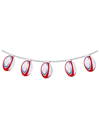 Guirlande en papier ignifugé ballons de rugby pour décoration blanc rouge et bleu